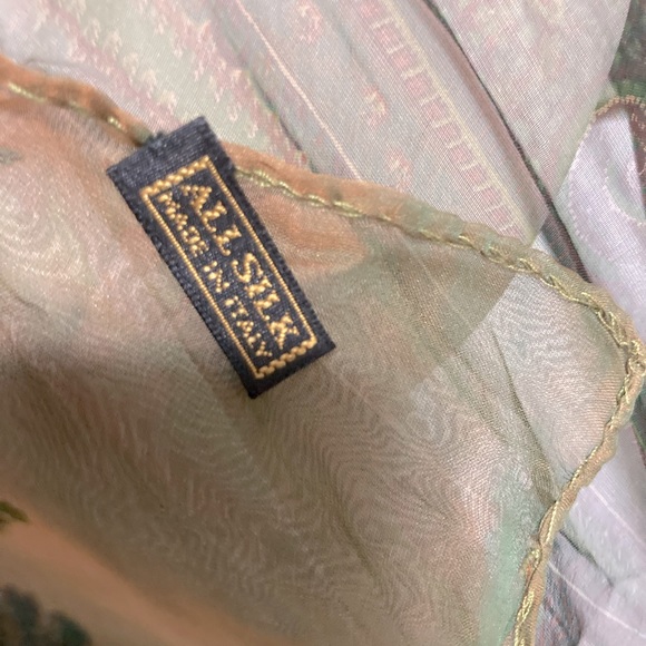 ALL SILK Scarf Wrap Shawl made in Italy Green Tan 60 inch  x 13 inch - Picture 11 of 15